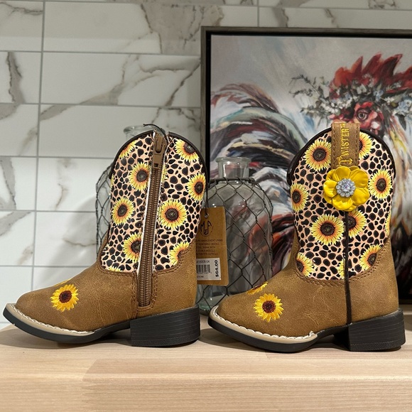 New! Twister Toddler Sunnies Tan & Cheetah Sunflowers Square Toe Cowboy Boots - Picture 6 of 15